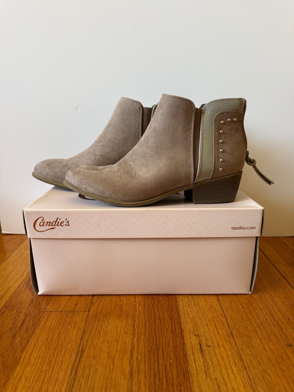 Candie's Taupe Suede Ankle Booties with Stud Detail